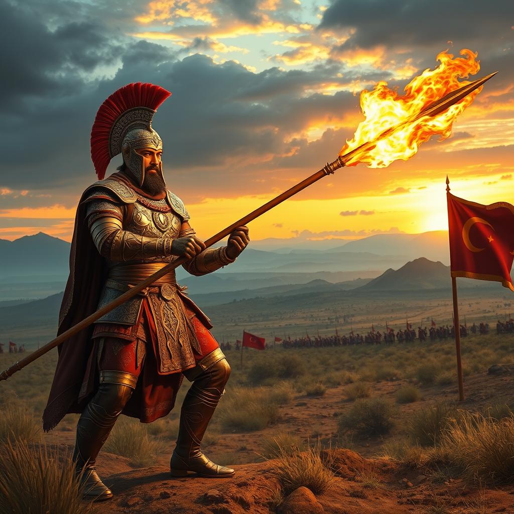 A historical fantasy scene depicting a commander of the Achaemenid army, combining ancient and modern styles