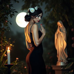 A full-length portrait of a beautiful, innocent 18-year-old BBW white woman with delicate flowers elegantly styled in her black hair in an updo, showcasing a somber look on her face