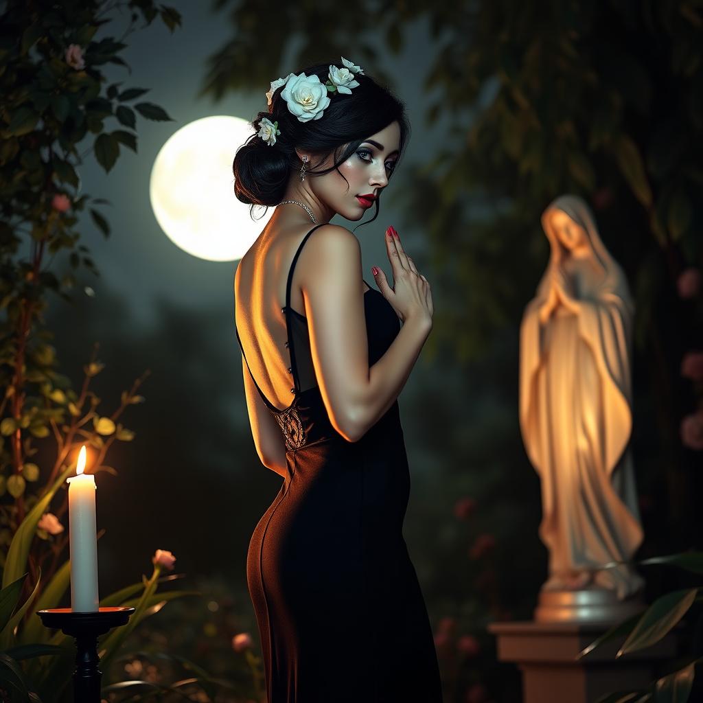 A full-length portrait of a beautiful, innocent 18-year-old BBW white woman with delicate flowers elegantly styled in her black hair in an updo, showcasing a somber look on her face