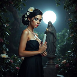 A full-length portrait of a beautiful, innocent 18-year-old BBW white woman with delicate flowers elegantly styled in her black hair in an updo, showcasing a somber look on her face
