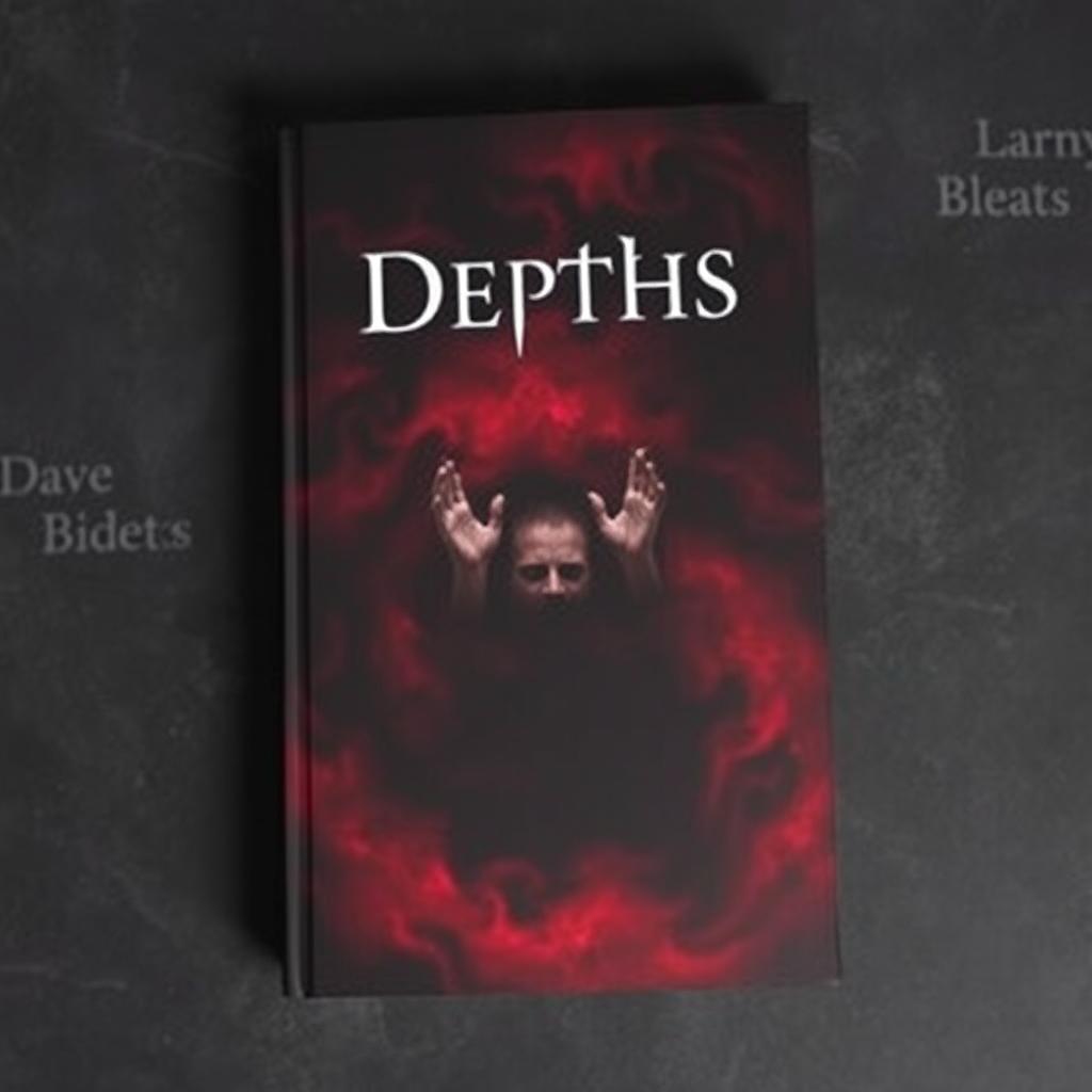 The cover of a book titled 'Depths', showcasing a dominant deep darkness with blending shades of black and dark red, establishing an oppressive and ominous atmosphere
