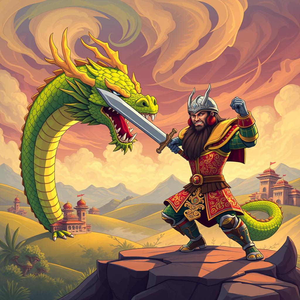 A vibrant and dynamic cartoon-style reinterpretation of Rostam's legendary battle with the dragon from the Shahnameh