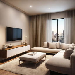 An architectural visualization of an 18x14 feet room, designed comfortably with modern furnishings and soft lighting.