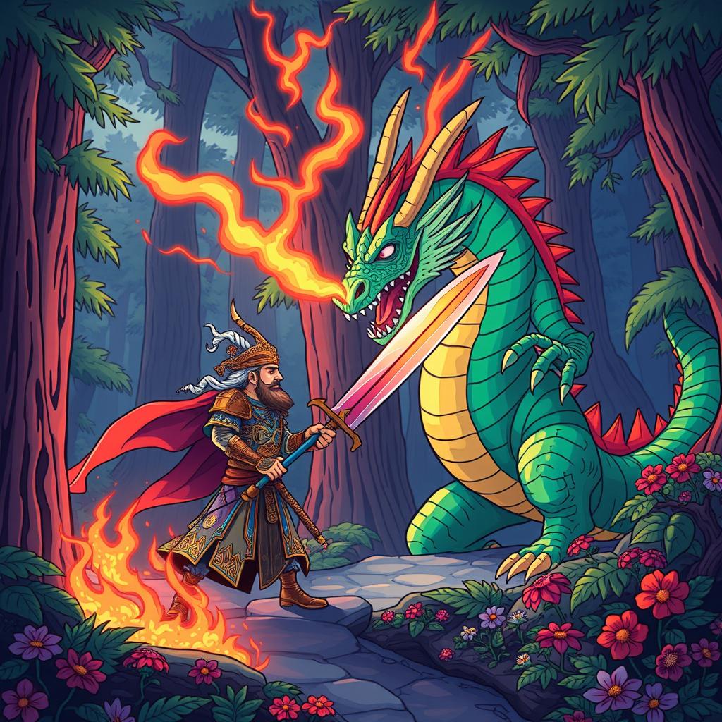 A lively and imaginative cartoon-style depiction of Rostam's epic battle with the dragon from the Shahnameh, set in the lush, dense forests of northern Iran