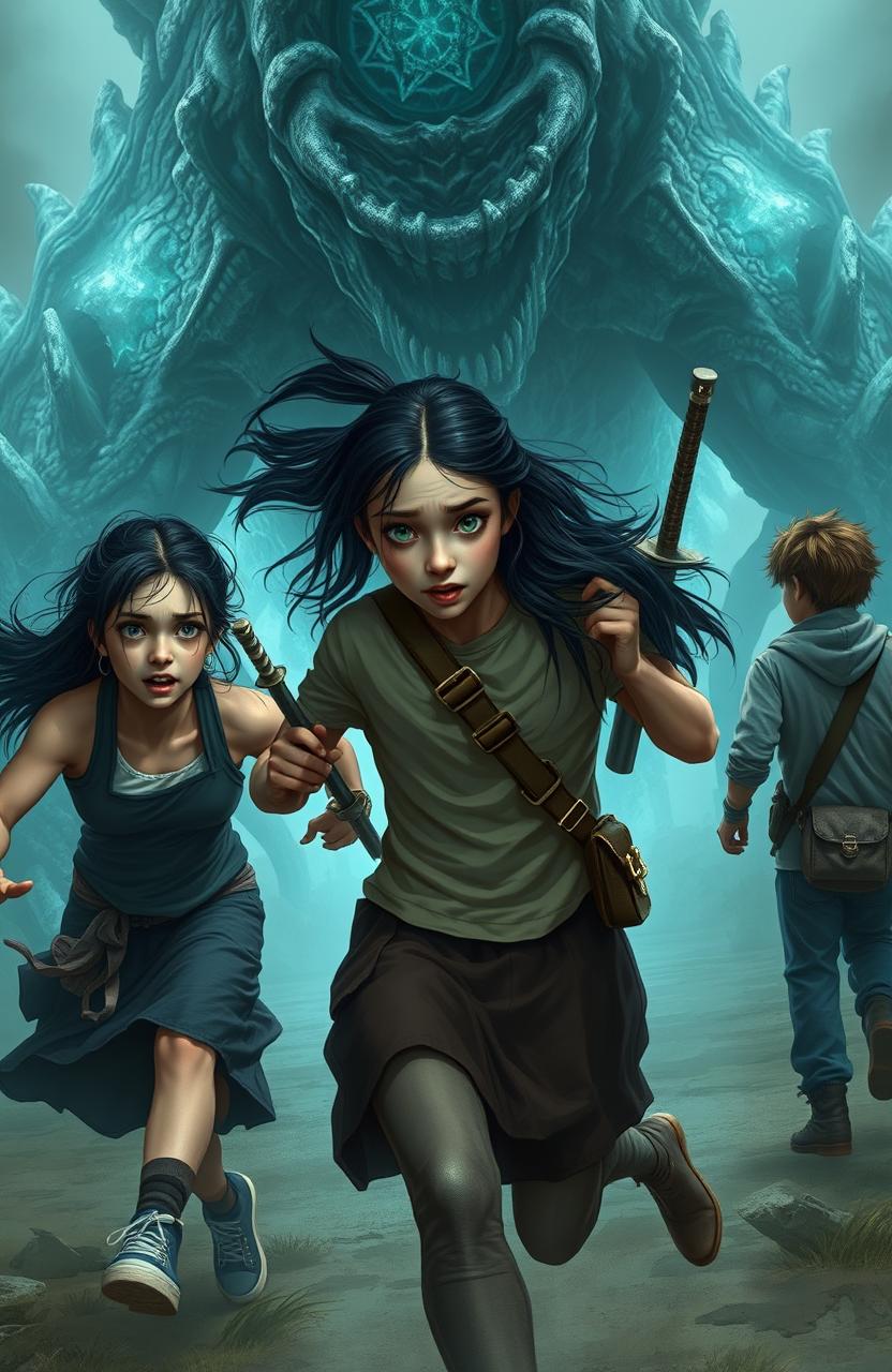 A dynamic scene from the point of view of a terrifying monster, featuring three terrified figures running away