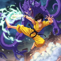 A dynamic anime scene featuring a skilled martial artist performing karate moves while flying through the air using magic