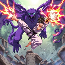 A dynamic anime scene featuring a skilled martial artist performing karate moves while flying through the air using magic