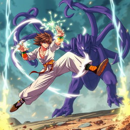 A dynamic anime scene featuring a skilled martial artist performing karate moves while flying through the air using magic