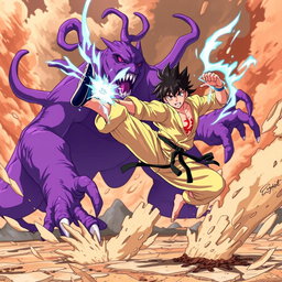 A dynamic anime scene featuring a skilled martial artist performing karate moves while flying through the air using magic