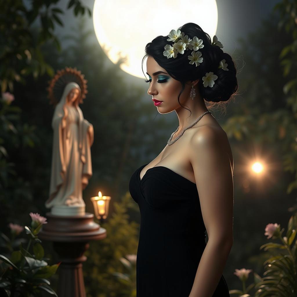 A full-length portrait of a beautiful woman with delicate flowers in her black hair styled in an elegant updo, showcasing a contemplative expression