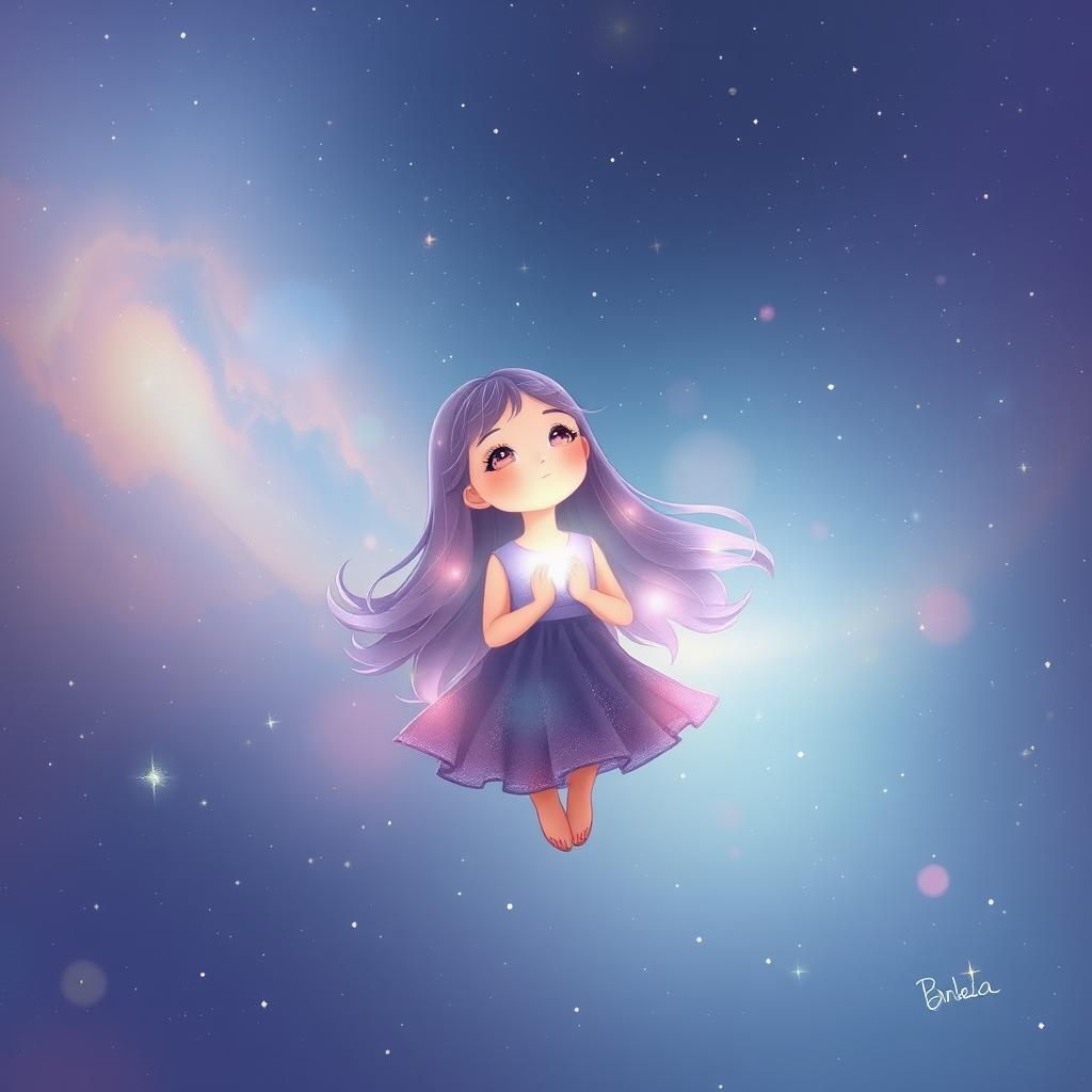 A serene and introspective illustration of a girl floating alone in the vast galaxy, surrounded by twinkling stars and swirling nebulae