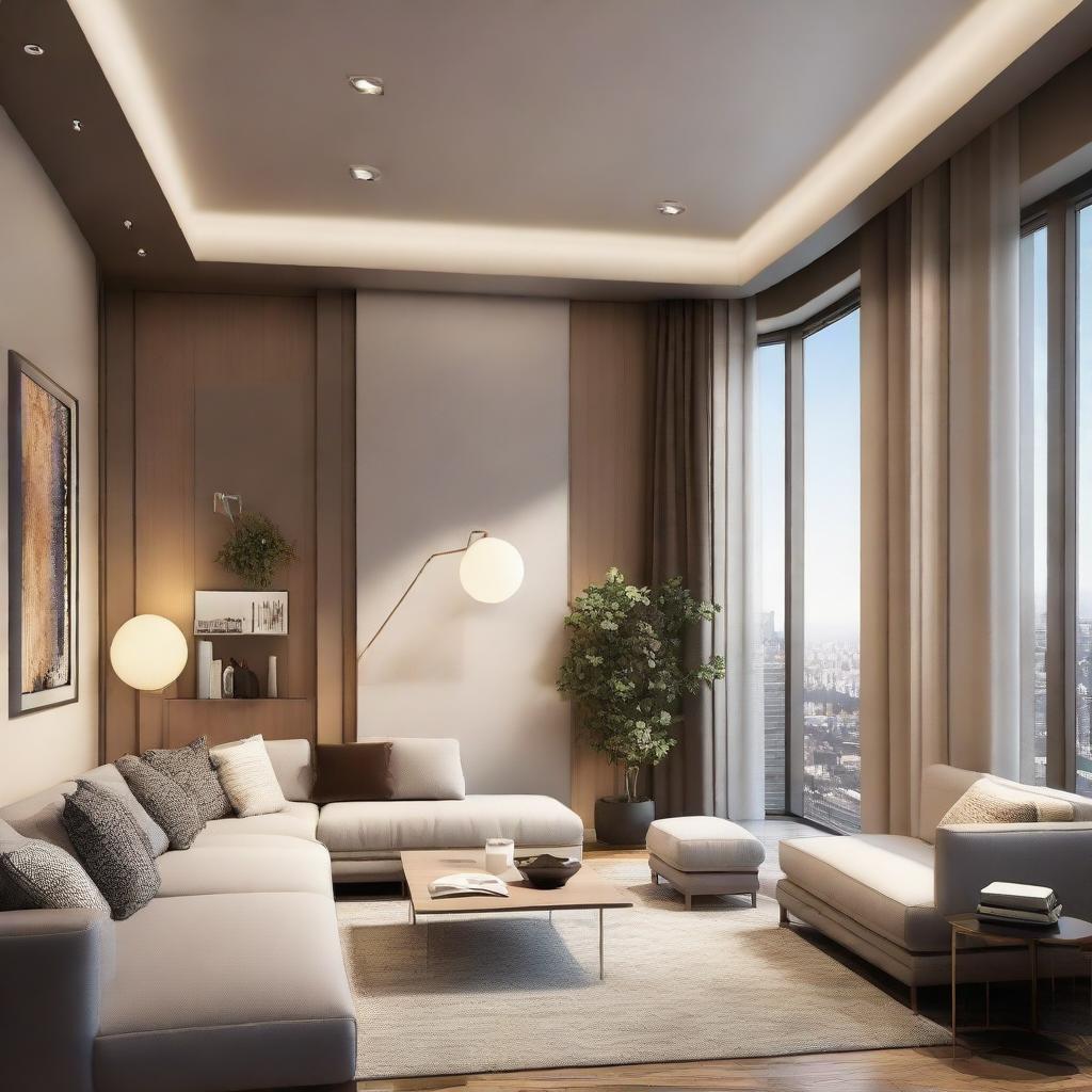 An architectural visualization of an 18x14 feet room, designed comfortably with modern furnishings and soft lighting.