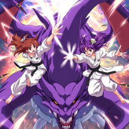 An action-packed anime scene featuring two dynamic karate girls
