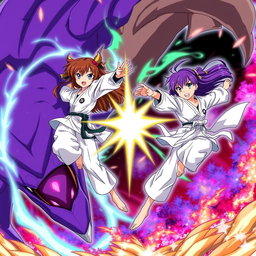 An action-packed anime scene featuring two dynamic karate girls