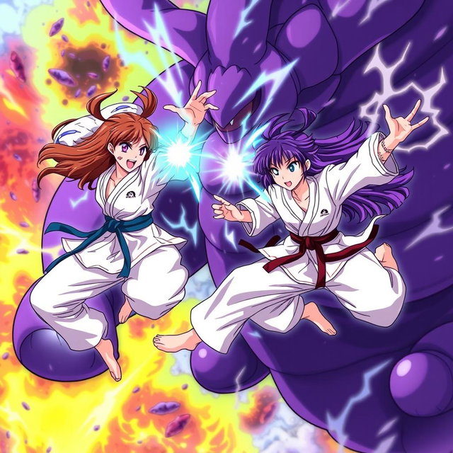 An action-packed anime scene featuring two dynamic karate girls