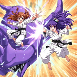 An action-packed anime scene featuring two dynamic karate girls