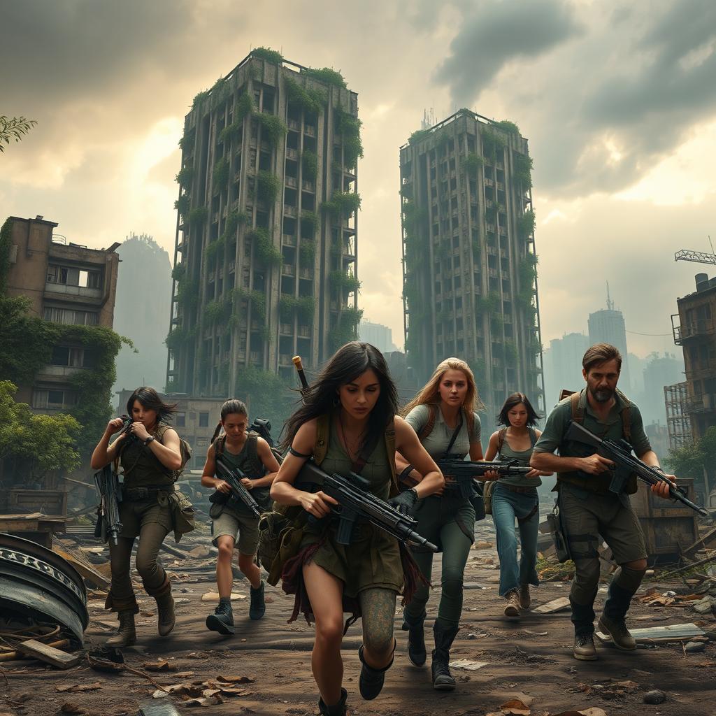 A thrilling scene set in a post-apocalyptic world, showcasing a group of determined survivors navigating through a desolate urban landscape