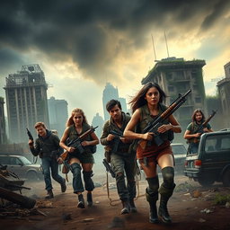 A thrilling scene set in a post-apocalyptic world, showcasing a group of determined survivors navigating through a desolate urban landscape