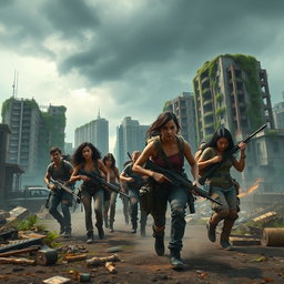 A thrilling scene set in a post-apocalyptic world, showcasing a group of determined survivors navigating through a desolate urban landscape