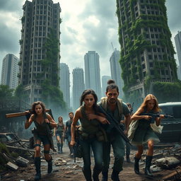 A thrilling scene set in a post-apocalyptic world, showcasing a group of determined survivors navigating through a desolate urban landscape