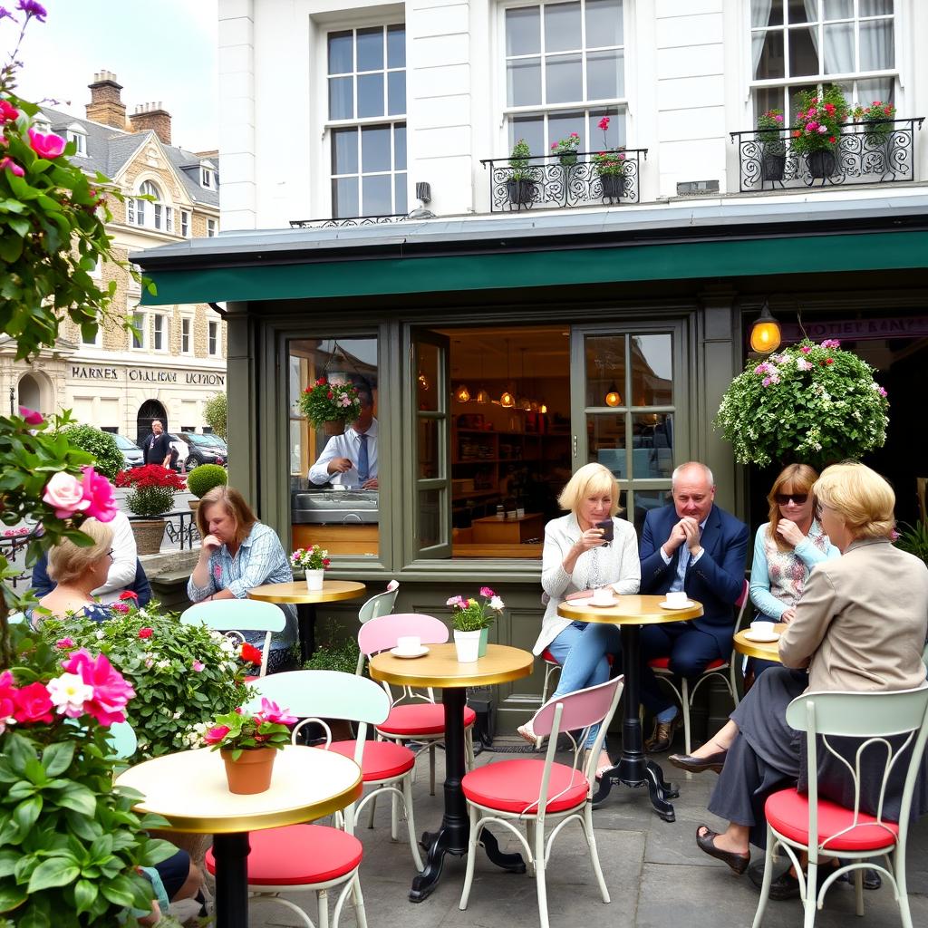 A charming café scene in London, depicting a cozy outdoor terrace filled with patrons enjoying their drinks
