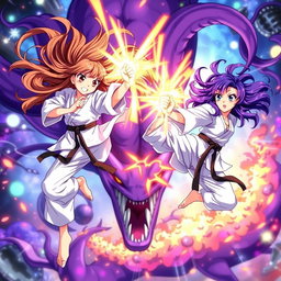 An action-packed anime scene featuring two karate girls: one with flowing brown hair and the other with vibrant purple hair