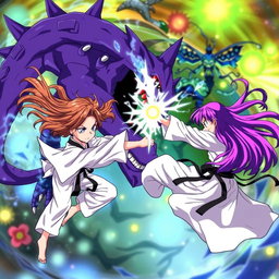 An action-packed anime scene featuring two karate girls: one with flowing brown hair and the other with vibrant purple hair