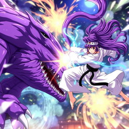 An action-packed anime scene featuring two karate girls: one with flowing brown hair and the other with vibrant purple hair