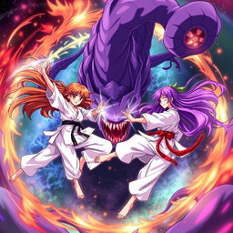 An action-packed anime scene featuring two karate girls: one with flowing brown hair and the other with vibrant purple hair