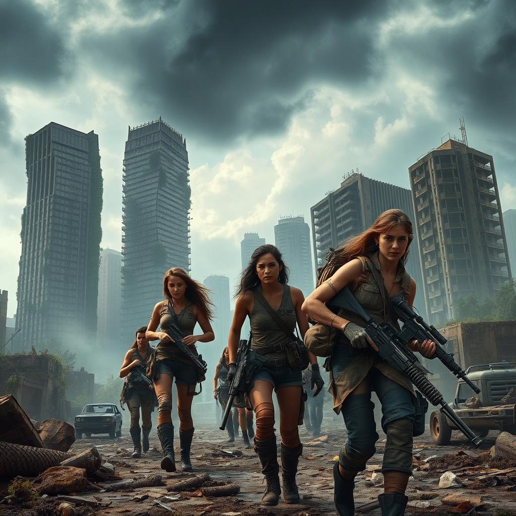 A thrilling scene set in a post-apocalyptic world, showcasing a group of determined survivors navigating through a desolate urban landscape