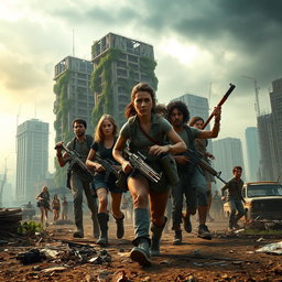 A thrilling scene set in a post-apocalyptic world, showcasing a group of determined survivors navigating through a desolate urban landscape