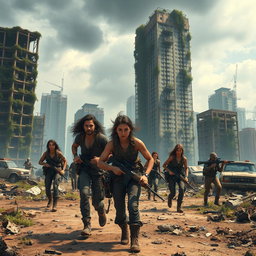 A thrilling scene set in a post-apocalyptic world, showcasing a group of determined survivors navigating through a desolate urban landscape