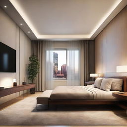 An architectural visualization of an 18x14 feet room, designed comfortably with modern furnishings and soft lighting.