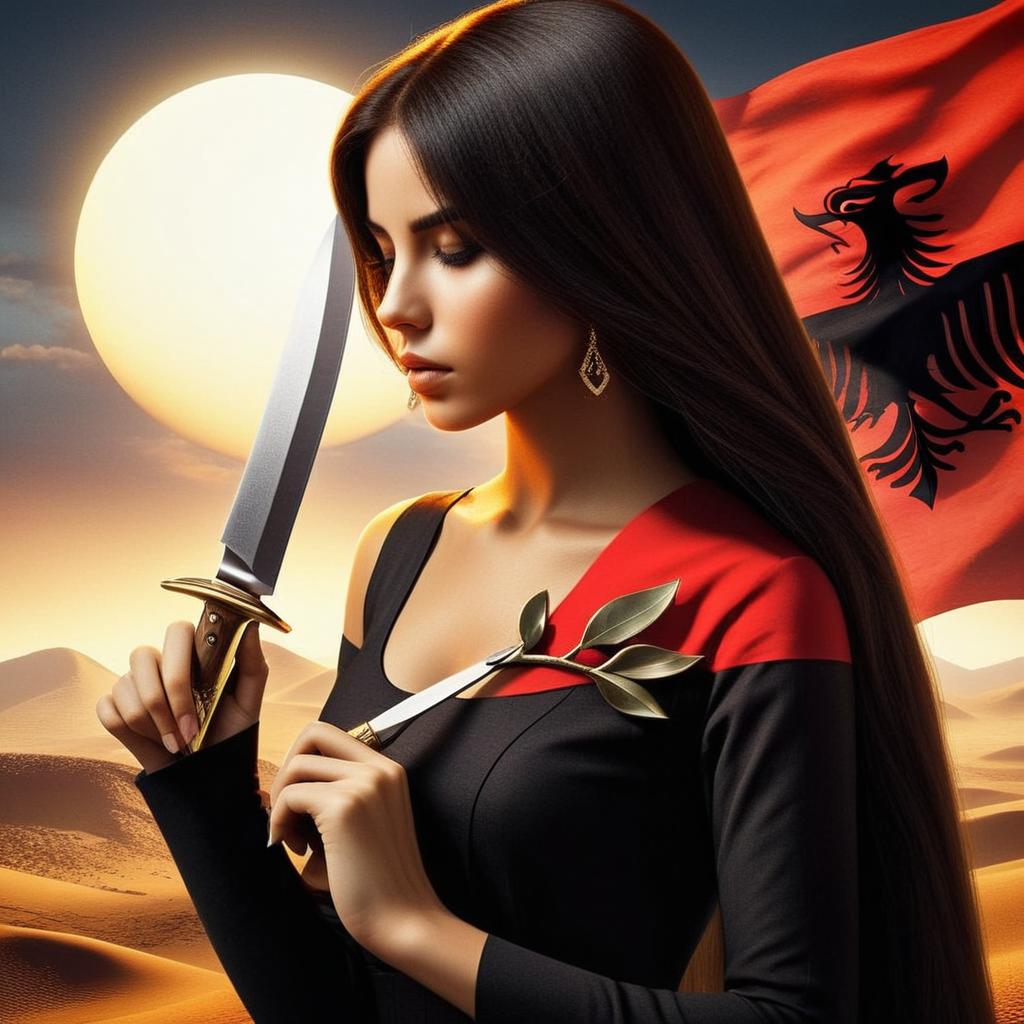 Add " Lotii " on the knife,  and use albanian flag on the girl dress