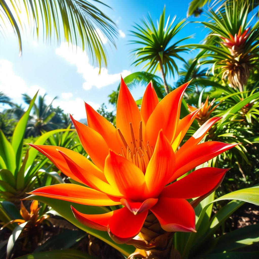 A vibrant, tropical landscape featuring a beautiful Puerto Rican Maguey flower (Agave) in full bloom, surrounded by lush green foliage and other tropical plants