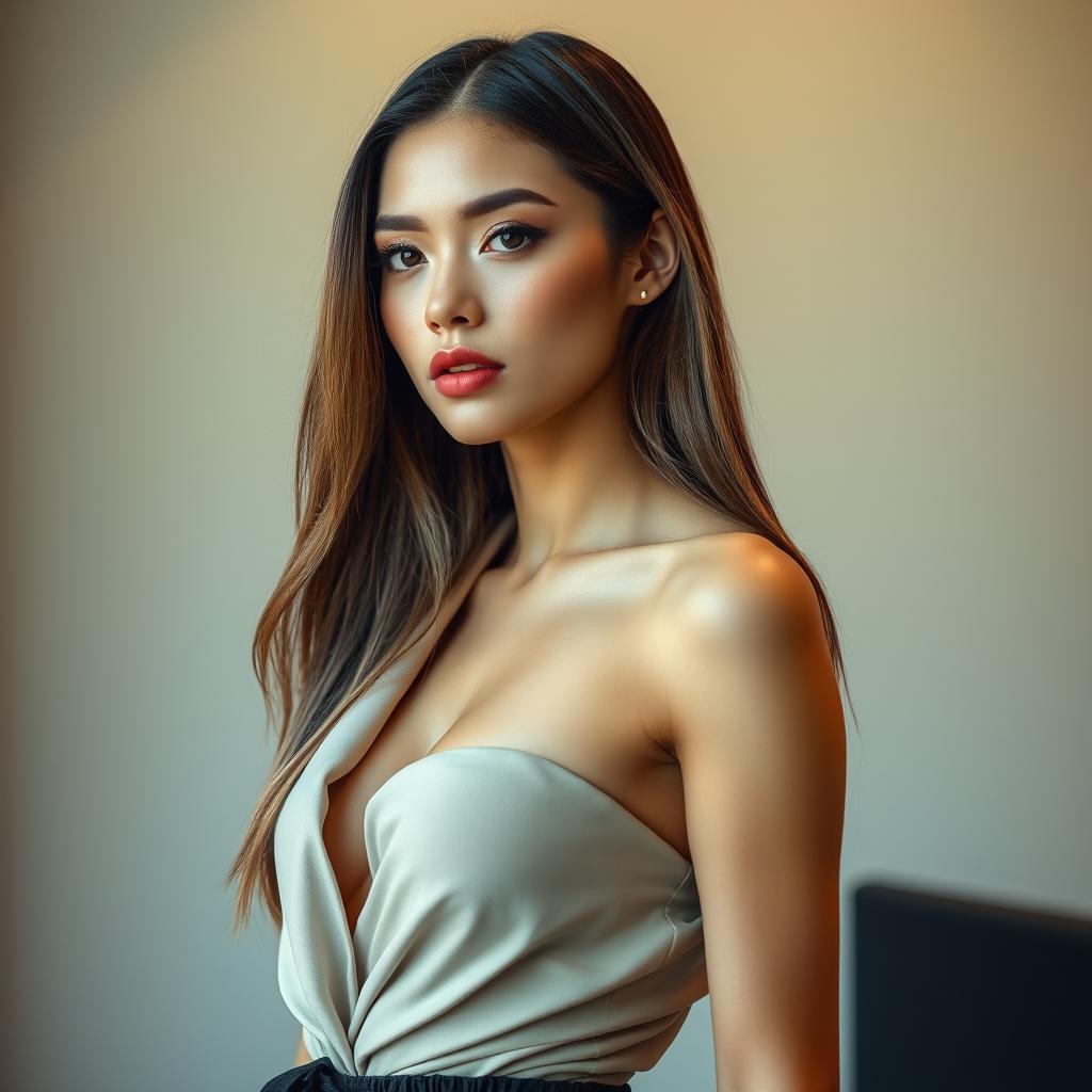 A fashion model with a slim physique, wearing stylish attire