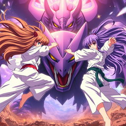 An exhilarating anime scene featuring two karate girls in action