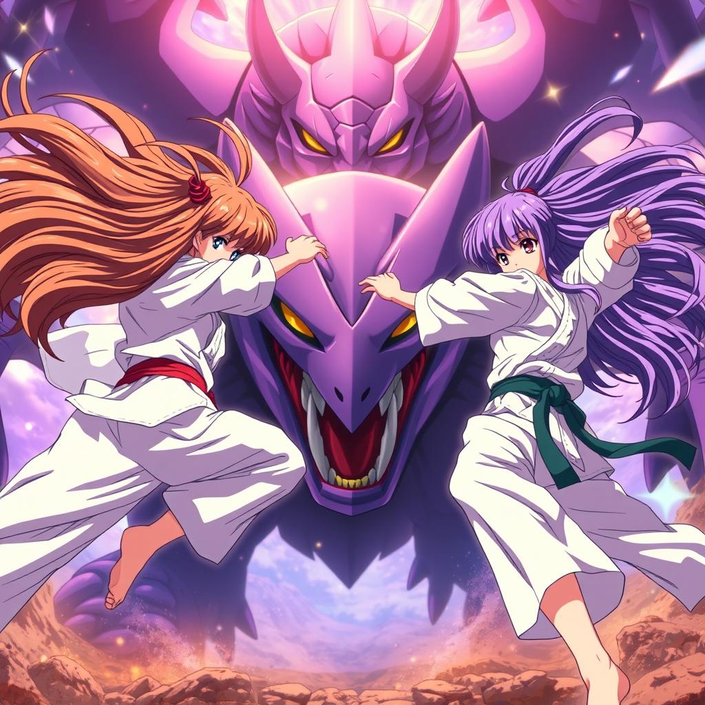 An exhilarating anime scene featuring two karate girls in action