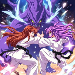 An exhilarating anime scene featuring two karate girls in action
