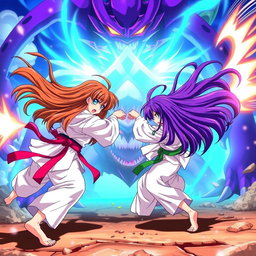 An exhilarating anime scene featuring two karate girls in action