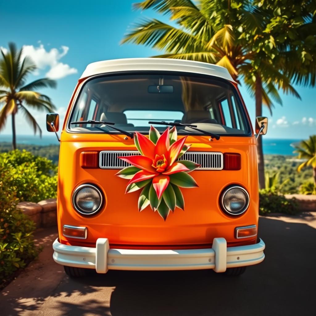 A classic Volkswagen van parked in a picturesque tropical setting in Puerto Rico, adorned with a vibrant Puerto Rican Maguey flower (Agave) prominently displayed on the front