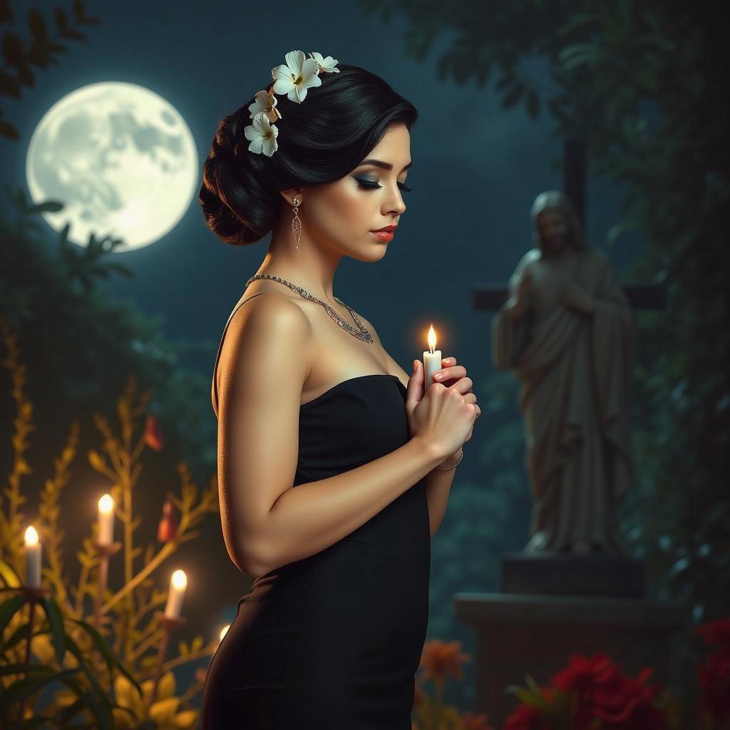 A full-length portrait of a beautiful young woman with an elegant updo featuring delicate white flowers