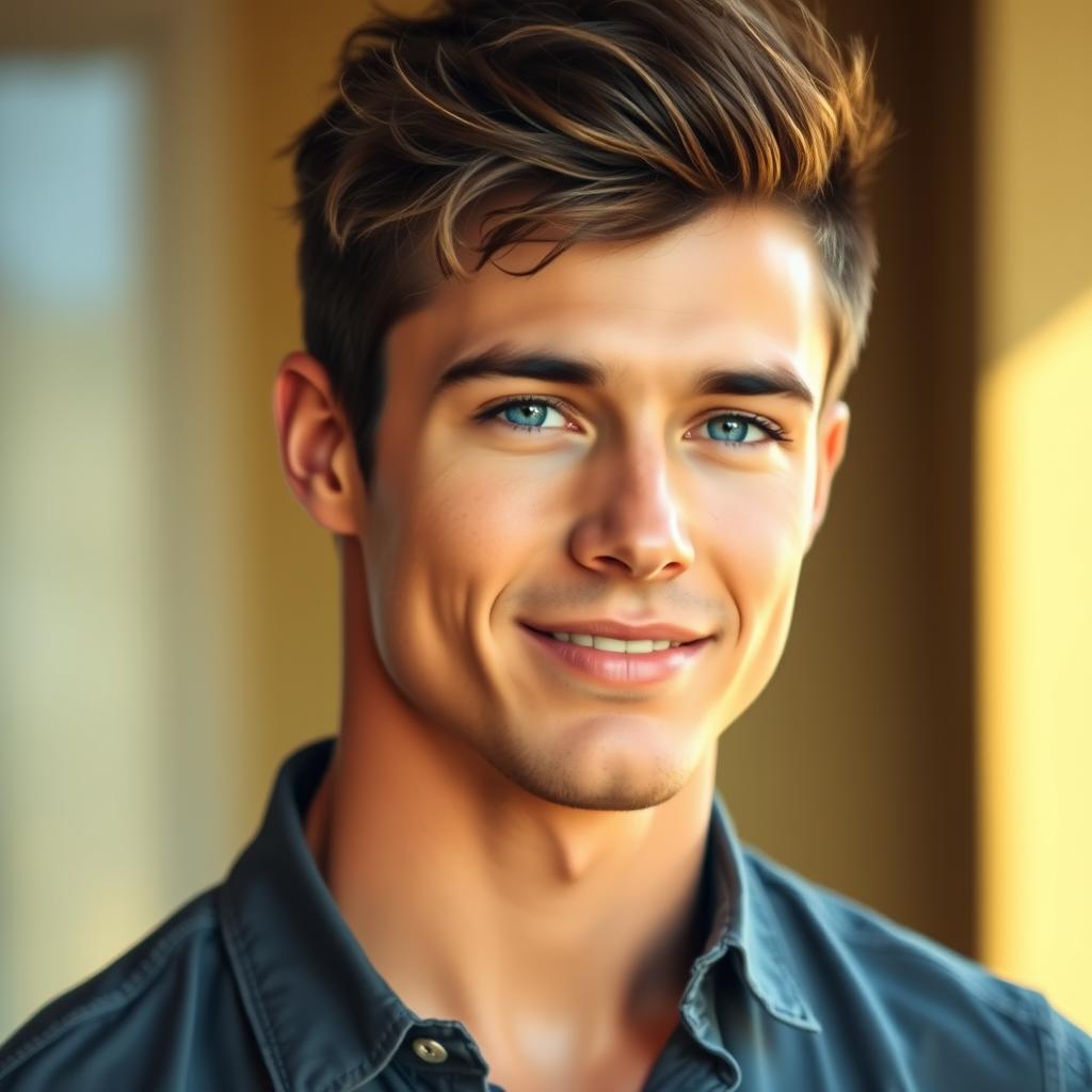 A portrait of a handsome and attractive young man, with chiseled facial features, a strong jawline, and sparkling bright blue eyes