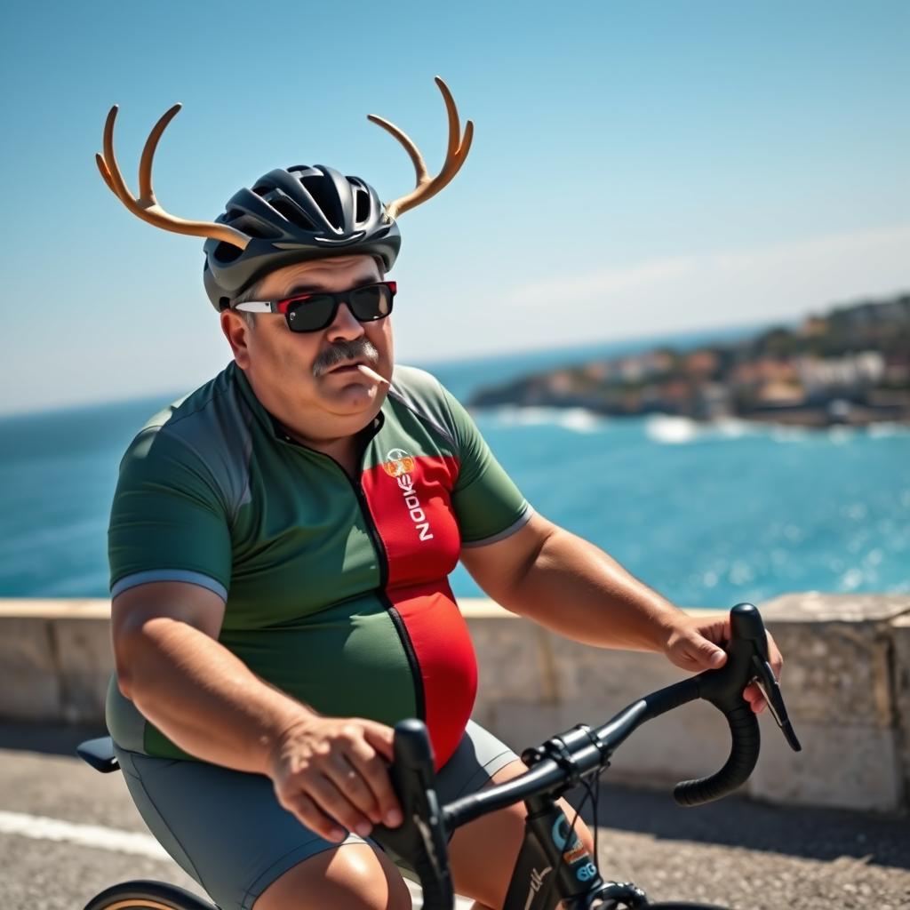 An overweight cyclist with a small mustache, smoking a cigarette, dressed in cycling attire with the colors of Portugal