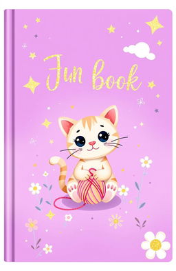 A cute purple book cover design featuring whimsical elements such as stars, clouds, and playful animals