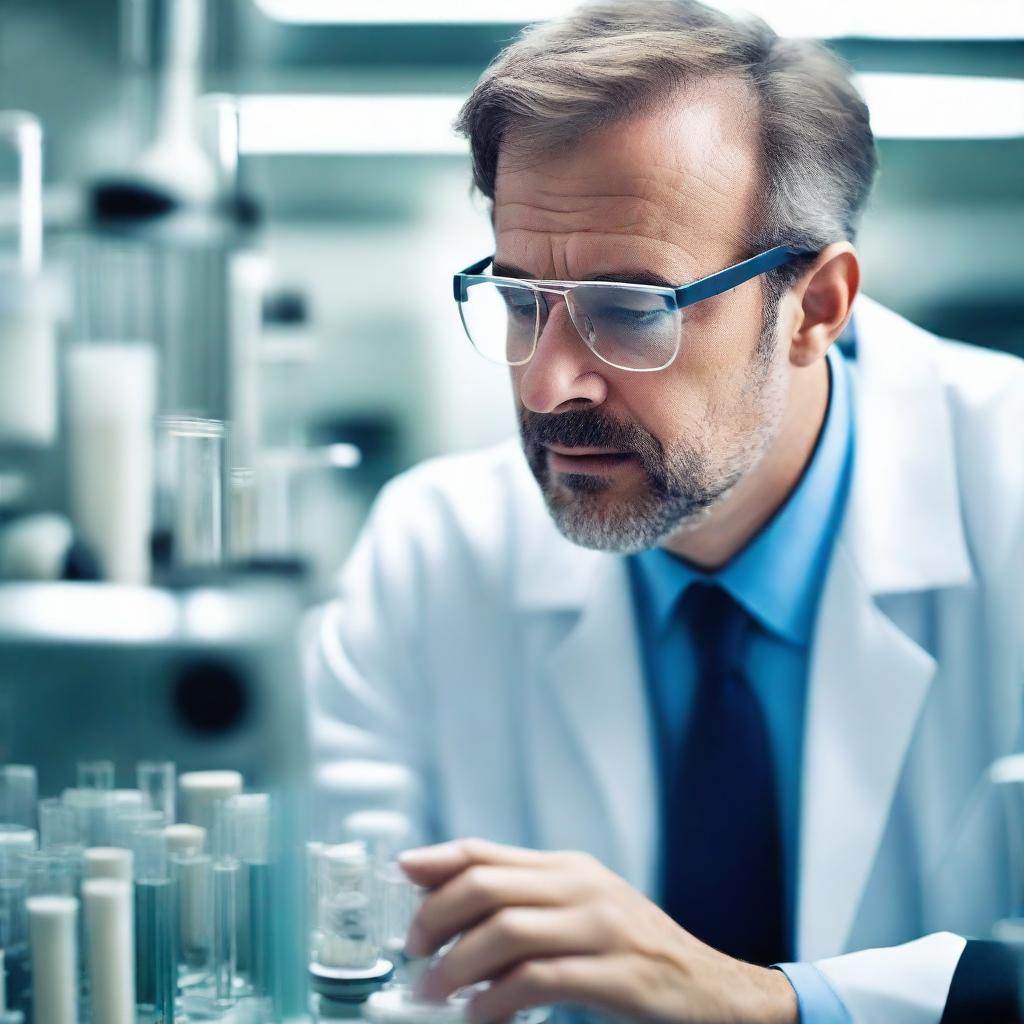 A close-up, realistic image of a engaged scientist in a well-equipped laboratory. The environment is filled with test tubes, microscopes, and other scientific equipment reflecting an atmosphere of precision and intense curiosity.