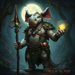 A majestic Loxodon, embodying the Circle of the Moon druid archetype, stands in a lush, mystical forest under the light of a full moon