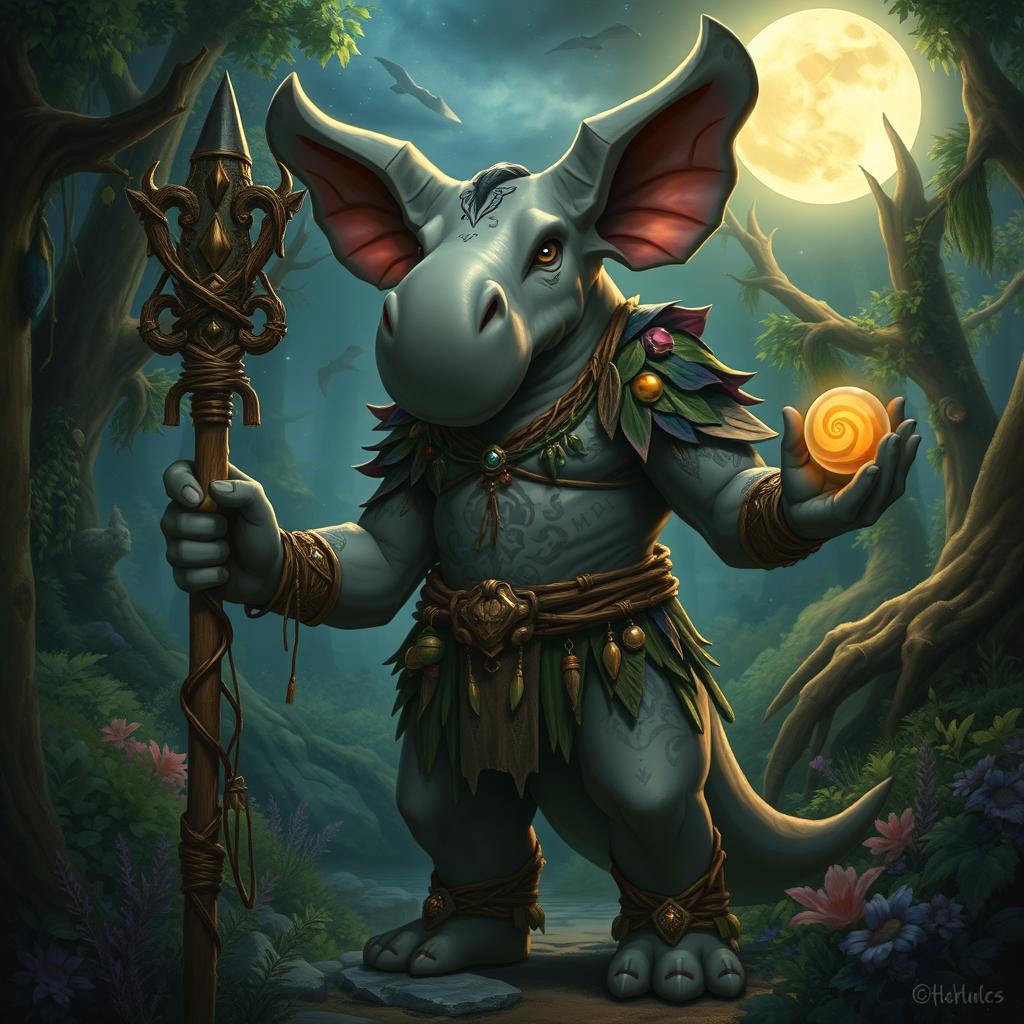 A majestic Loxodon, embodying the Circle of the Moon druid archetype, stands in a lush, mystical forest under the light of a full moon