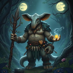 A majestic Loxodon, embodying the Circle of the Moon druid archetype, stands in a lush, mystical forest under the light of a full moon