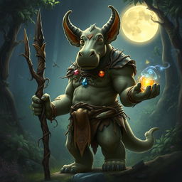 A majestic Loxodon, embodying the Circle of the Moon druid archetype, stands in a lush, mystical forest under the light of a full moon